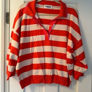 Essentiel Antwerp Red and White Striped Polo Shirt with 3/4 Sleeves Size XL